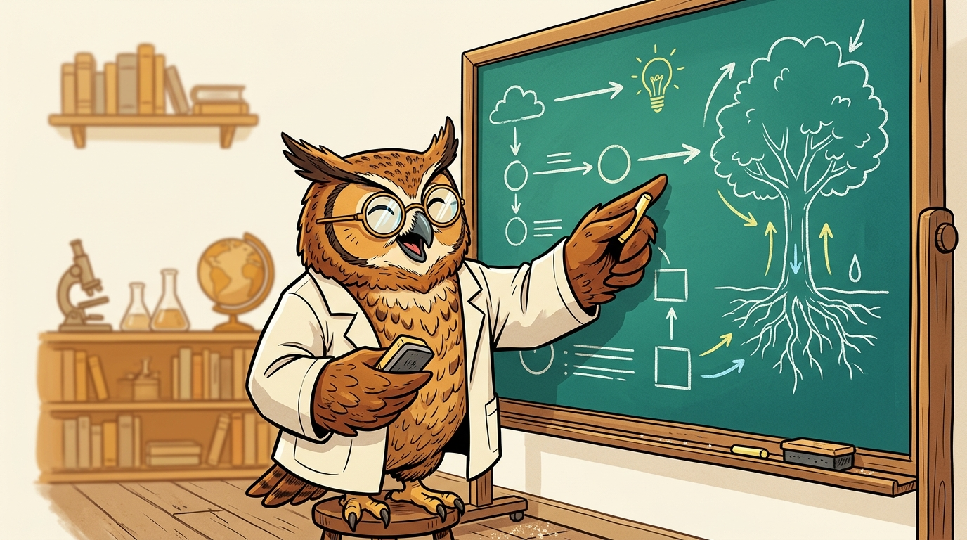 Professor Owl teaching at a chalkboard